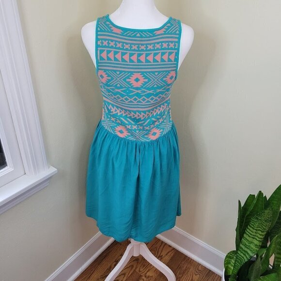 Skies Are Blue Dakota Turquoise & Coral  Fit & Flare Tank Dress Women's Size M - Picture 6 of 12